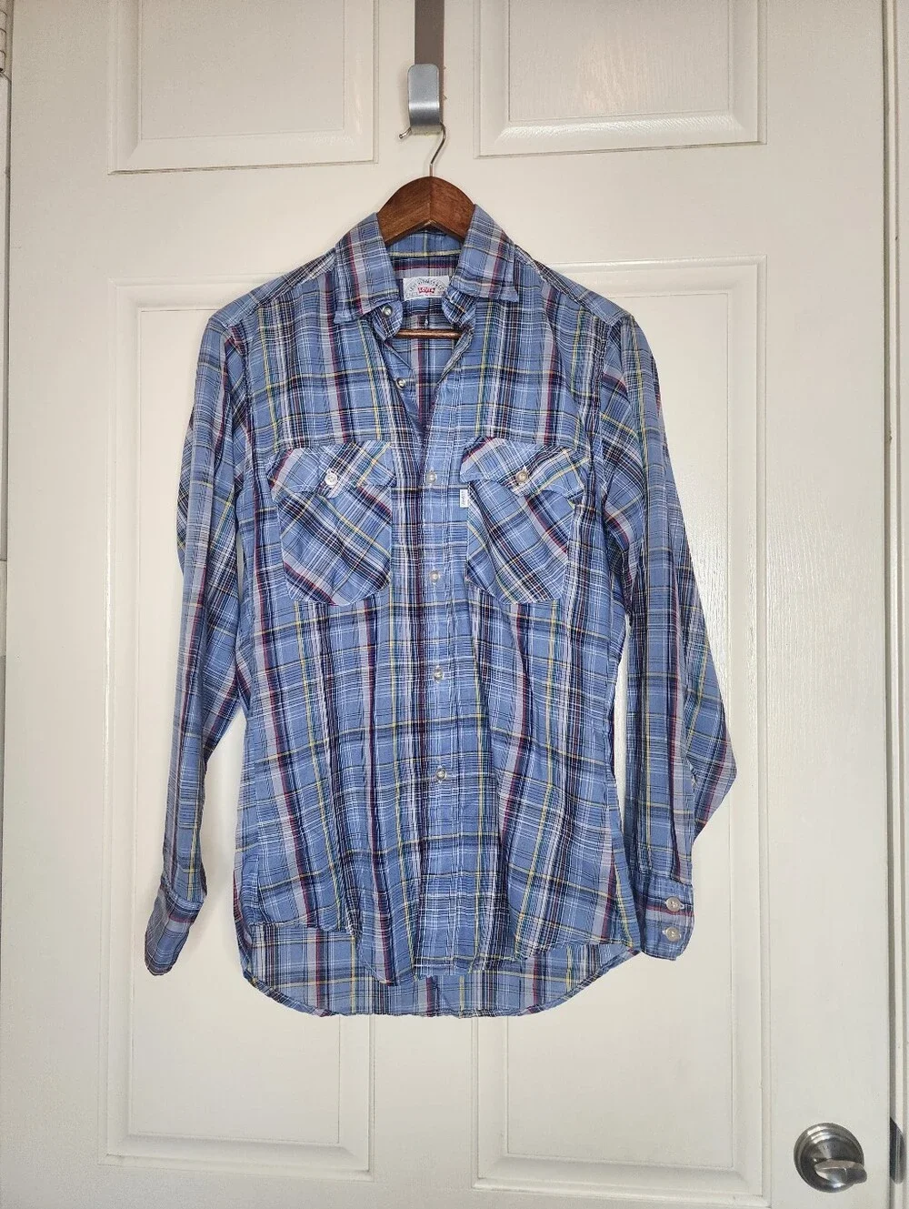 Vintage 70s Levi’s White Tab Big E Plaid Western Shirt Small Blue Red Pearl Snap